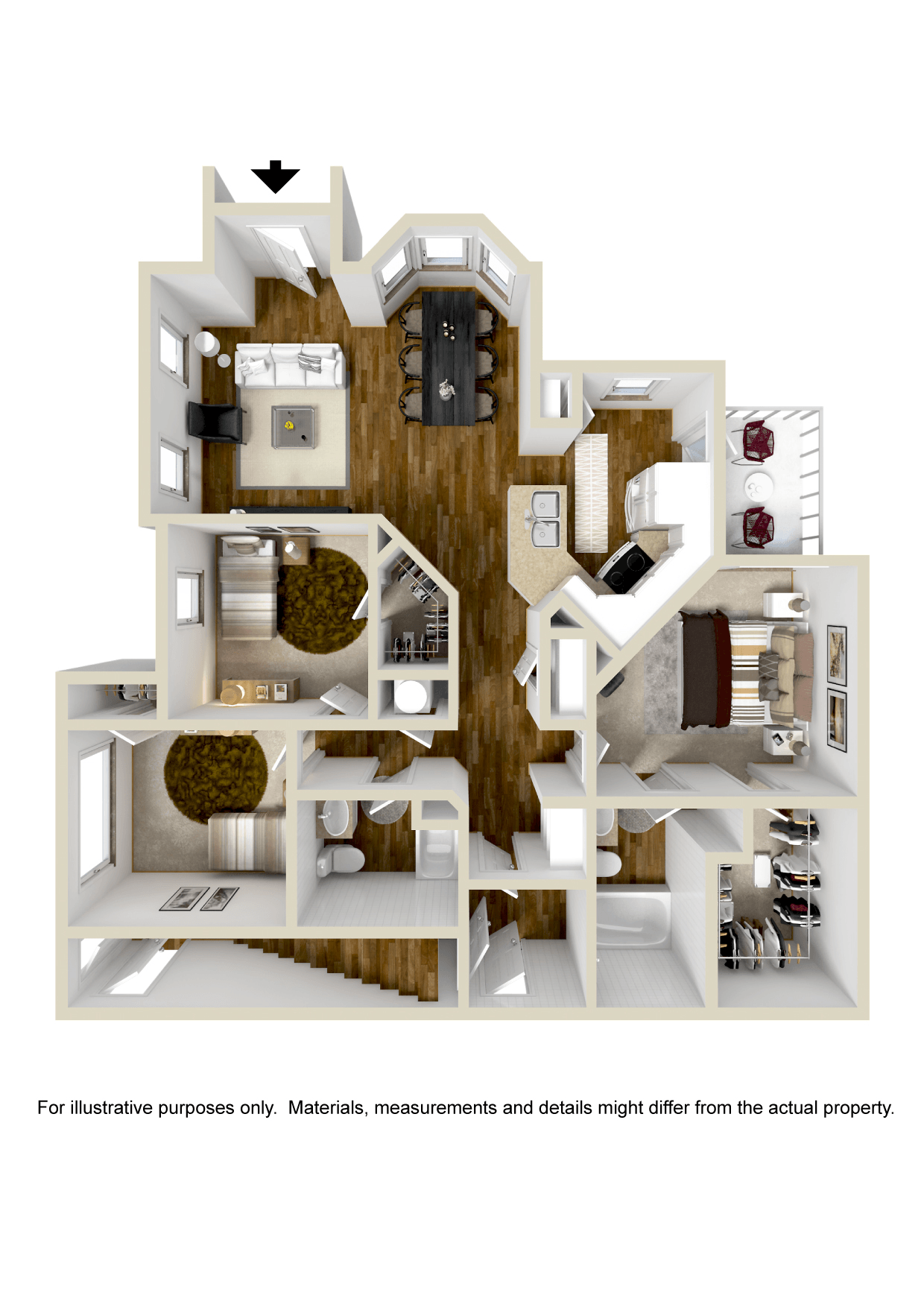 Floor plan for 3 beds, 2 baths, 1299 sqft